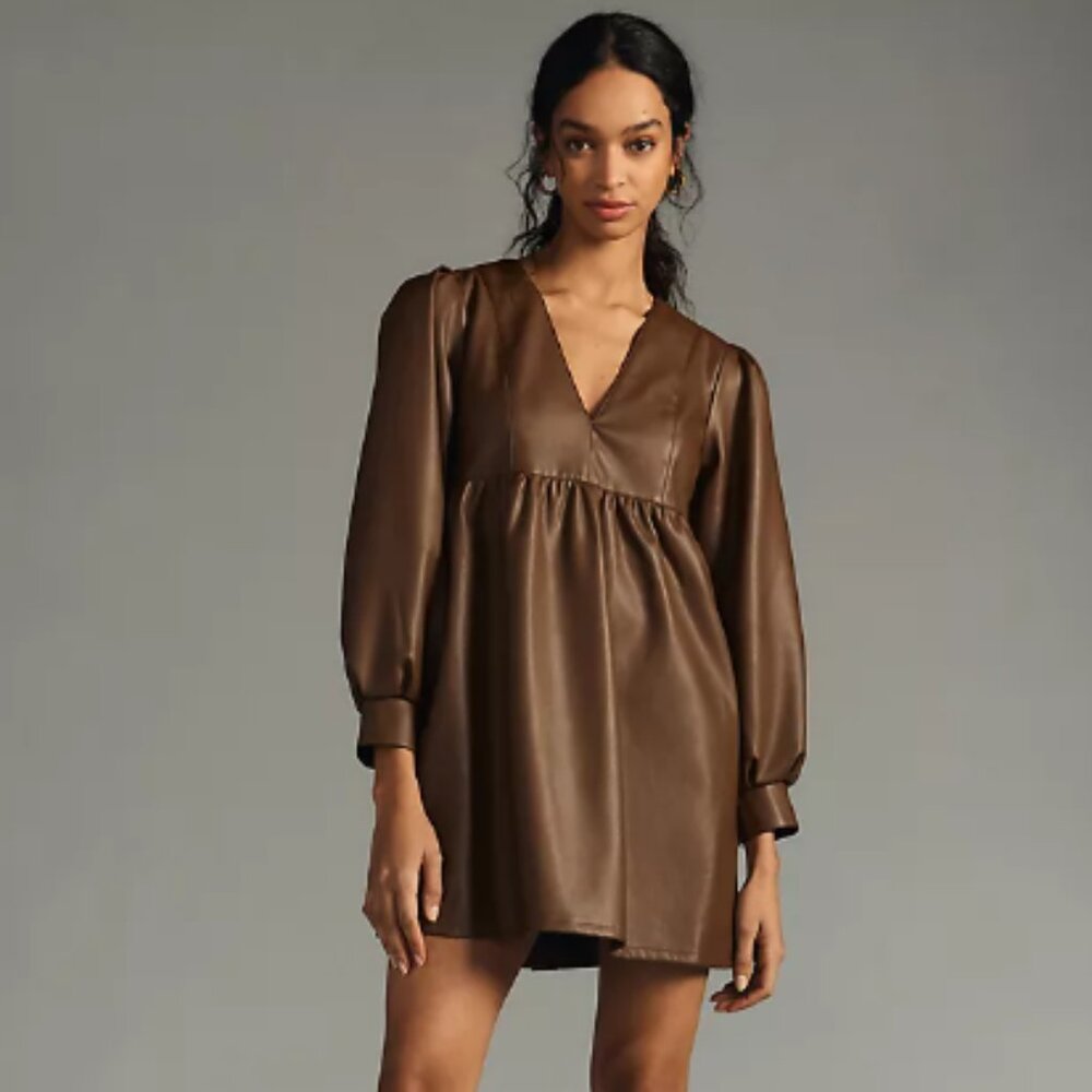 Mini V-Neck Brown Faux-Leather Dress